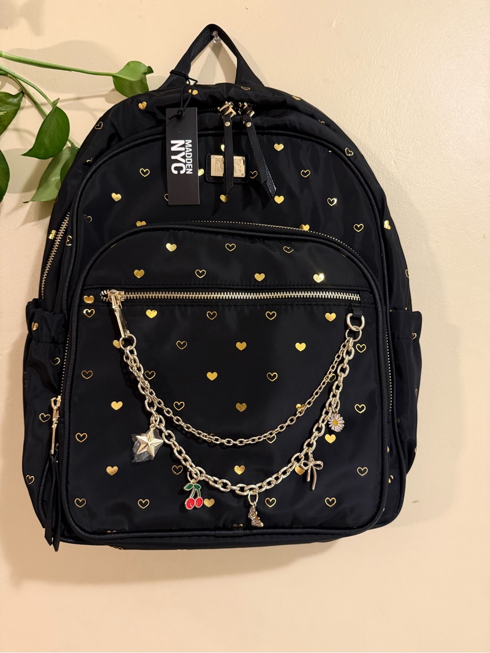 Black Backpack with Gold Heart Print & Charm Chain Accents
